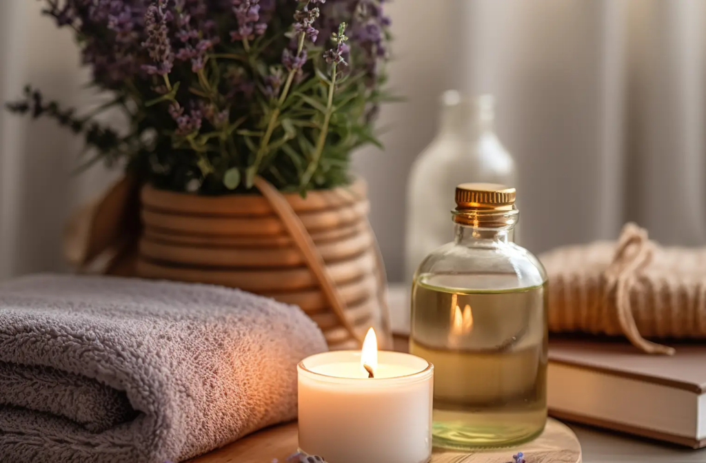 oils and candles and towels for tantric massage